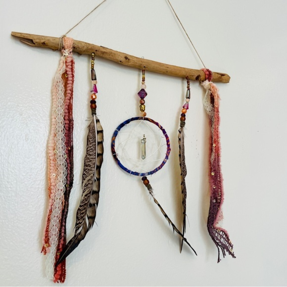 HANDMADE Dreamcatcher with Feathers, Crystals, Ribbons‎ & Earthy Elements